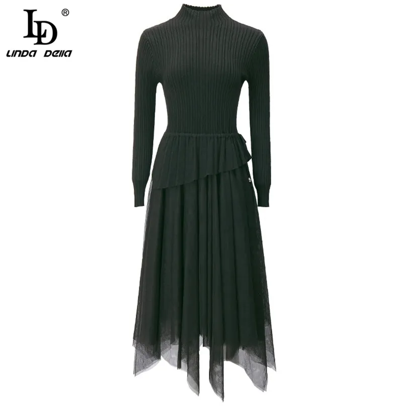 Zomer Mode Runway Jurk Dames Lange Mouw Knit Mesh Patchwork Asymmetrical Dames Elegant Black Midi 210522