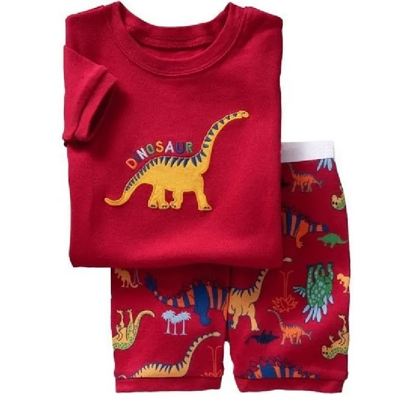 Kırmızı Dino Çocuk Giyim Setleri Dinozor Erkek Pijama 2-Adet Suit Erkek Bebek Pijama Çocuklar Tee Gömlek Şort Pantolon 100% Pamuk 210413