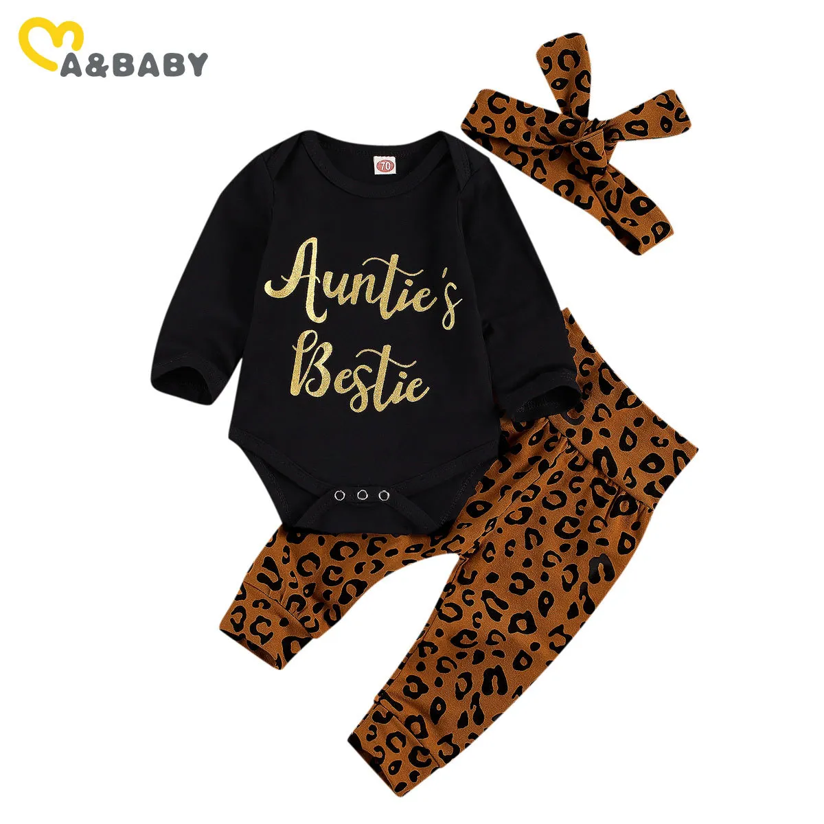 0-18 M Autunno Primavera Bambino nato Neonata Vestiti Set Lettera Pagliaccetto Leopard Pantaloni Arco Fascia Costumi 210515