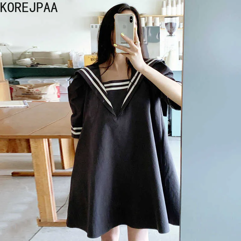 Korejpaa femmes robe été coréen Chic filles Vintage col marine contraste couleur lâche a-ligne manches bouffantes poupée Vestidos 210526