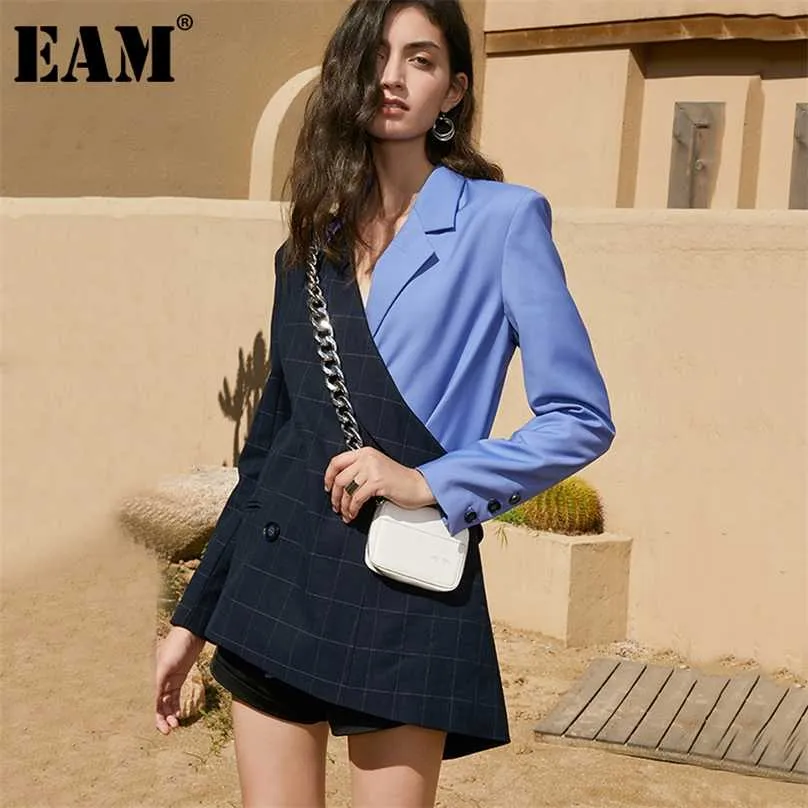 [EAM] Women Constrast Color Plaid Irregular Blazer Lapel Long Sleeve Loose Fit Jacket Fashion Spring Autumn 1DD0287 211006
