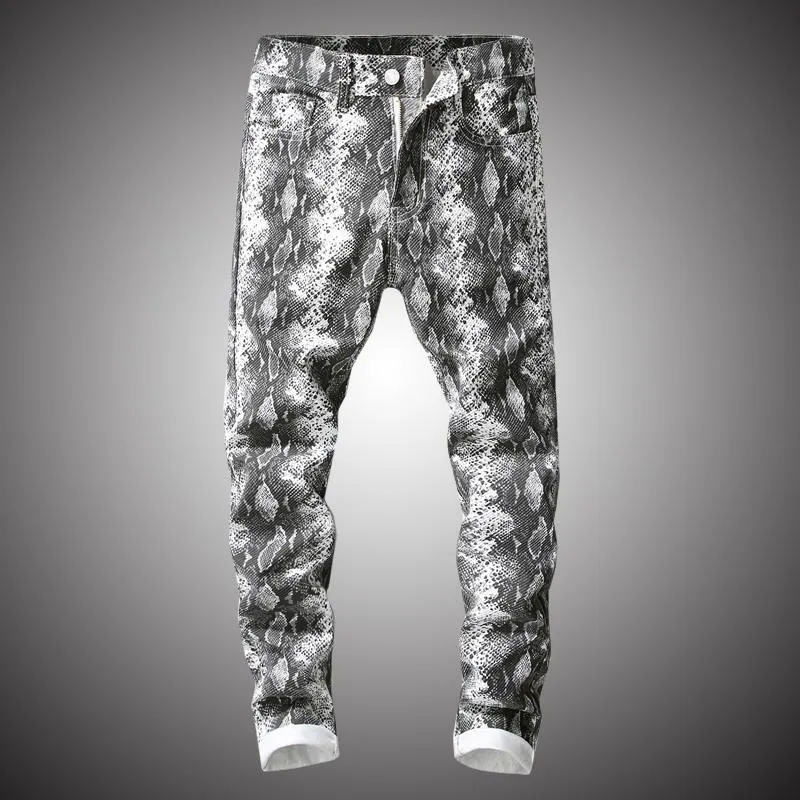 Mode streetwear snakeskin print jeans män elastiska denim byxor byxor hip hop casual byxa vit smal passform bp015 män