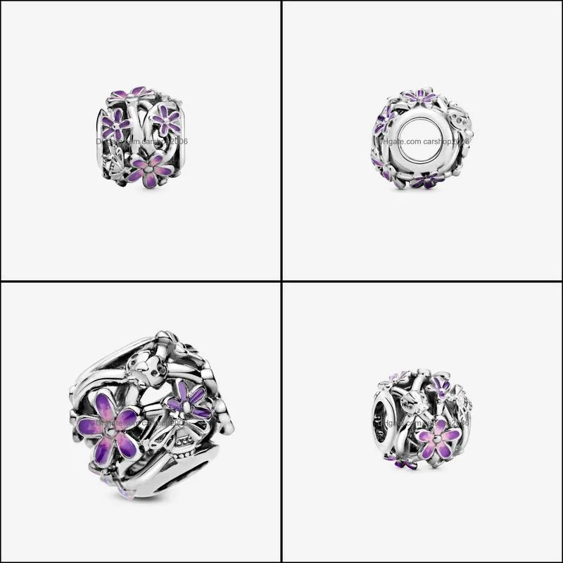 New Arrival 100% 925 Sterling Silver Openwork Purple Daisy Charm Fit Original European Charm Bracelet Fashion Jewelry Accessories