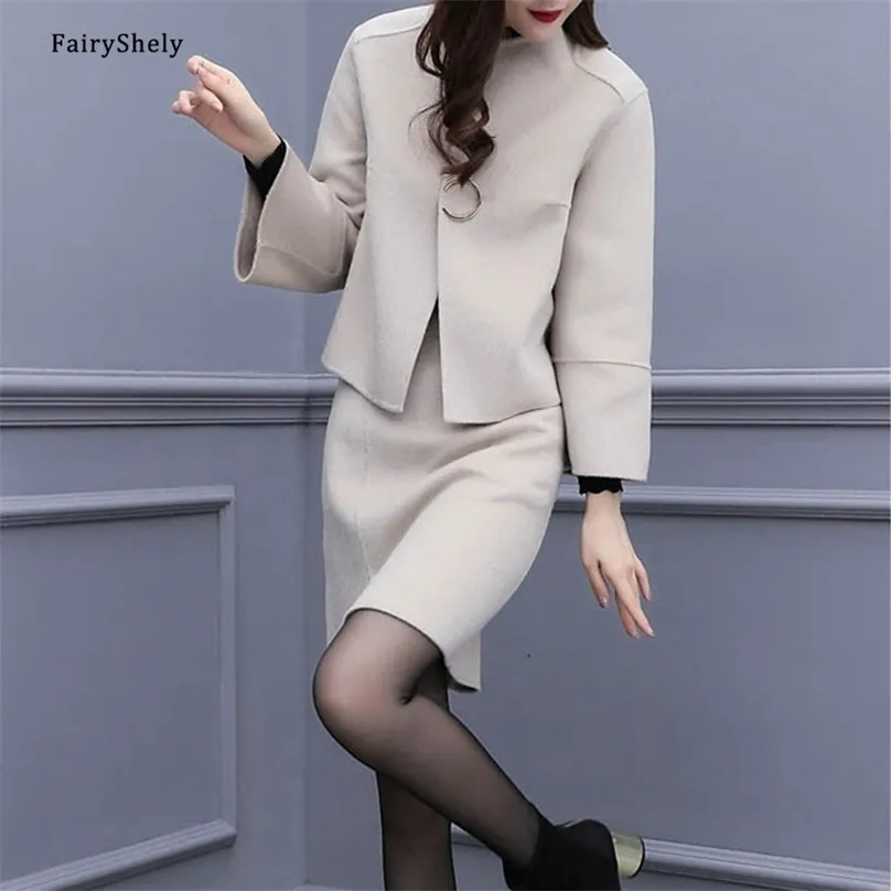 Fairyshely Koreaanse Casual Office Dames Werkrok Crop Jas Pak Vrouwen Herfst Winter Pocket Wollen Jackt 2 Stuk Set 220302