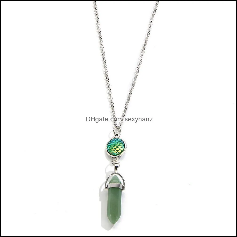 2017 Hexagonal Column Natural Stone Pendant with Fish Scale Chakra Necklace Crystal Quartz Charms Silver Chain Collana Colier