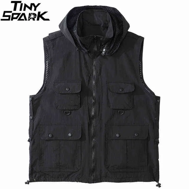 Homens Combat Colete Sem Mangas Jaqueta 2021 Hip Hop Vintage Waistcoat Streetwear Multi Bolsos Táticos Vest Bomber Jaqueta Y1106