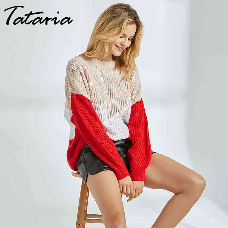 Tataria Pull tricoté à manches longues Femmes Pulls doux Automne Hiver pour Casual Rouge Femme 210514