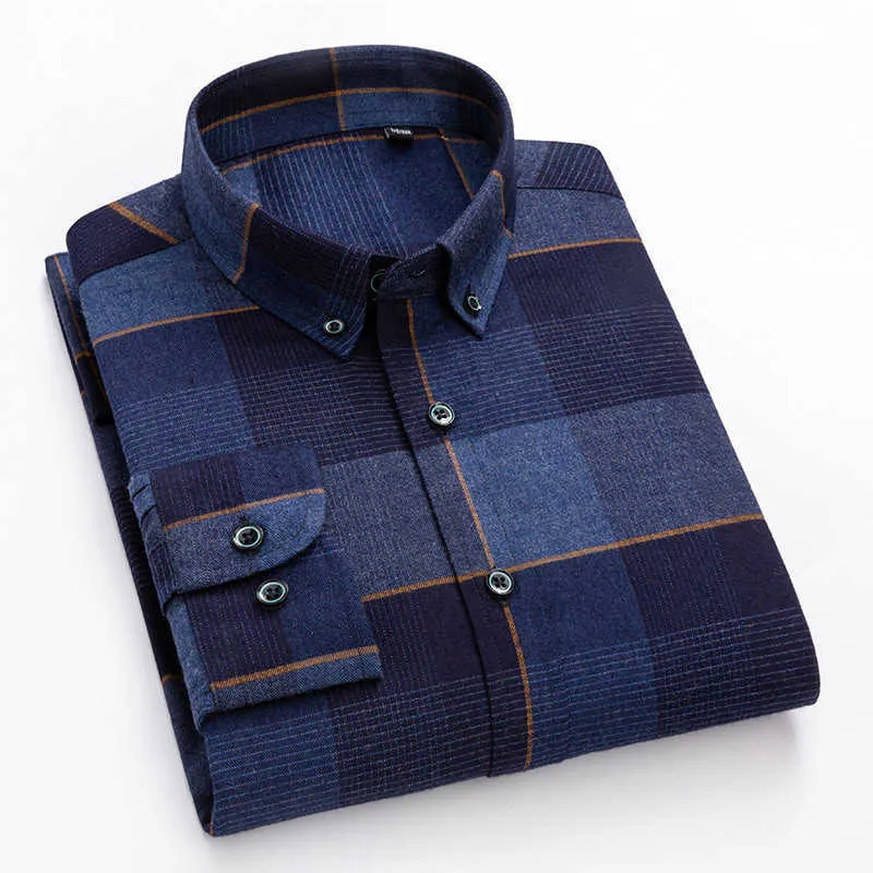 Koszule dla mężczyzn z długim rękawem Plaid Business Casual W średnim wieku Regularne Fit Soft Comfort Social Social Classic Classing Tops 210609