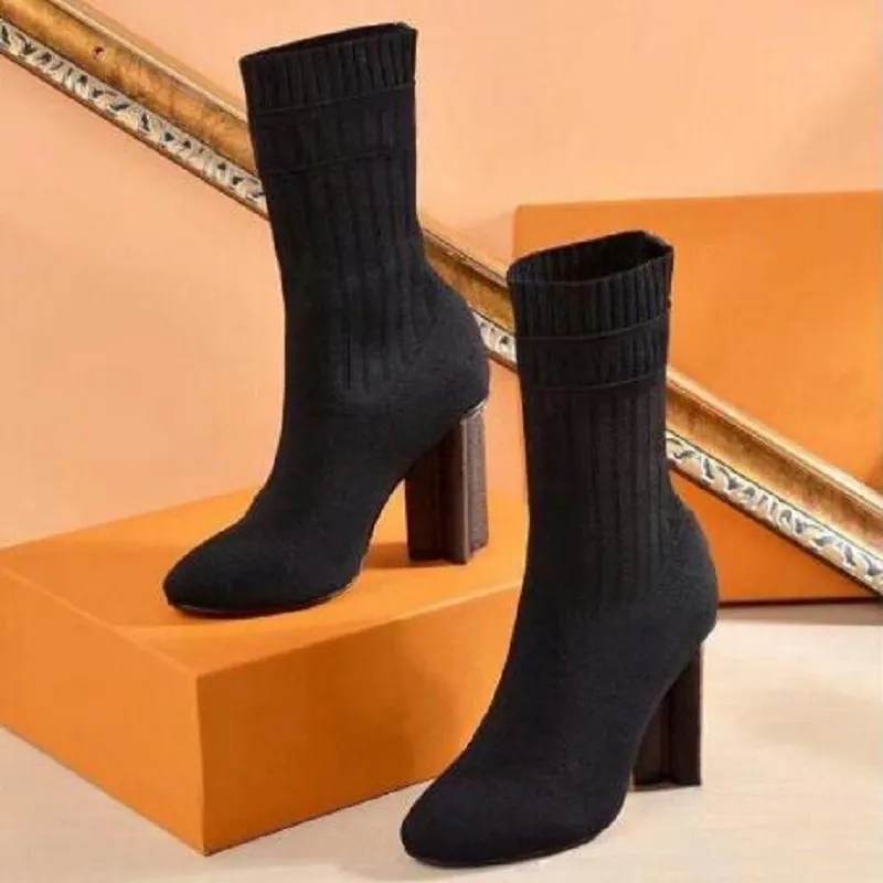 autumn winter heeled heel boots fashion sexy Knitted elastic boot designer Alphabetic women shoes lady Letter Thick high heels Large size 35-42 us5-us11 With box