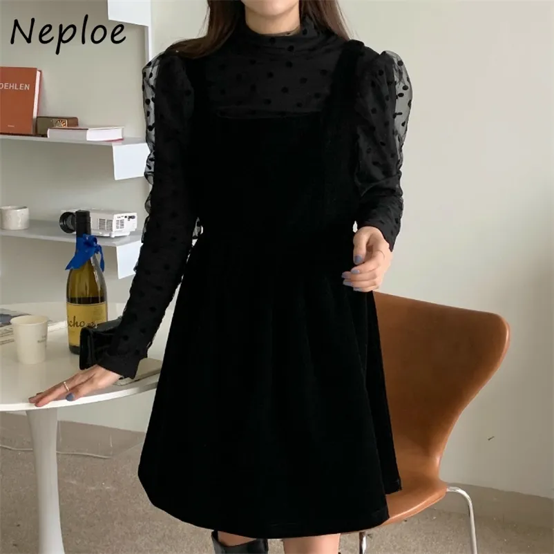 Temperamento Nero Partito 2 Pezzi Donna Set Collo Alto Puff Manica lunga Maglia Camicetta + Vita Hip Velet Camis Abito vestito 210422