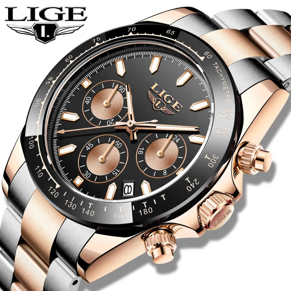 スポーツの腕時計のための男性Ligeトップのブランドのステンレススチールの防水時計の男性を見るミリタリークォーツ腕時計モントトホム210517
