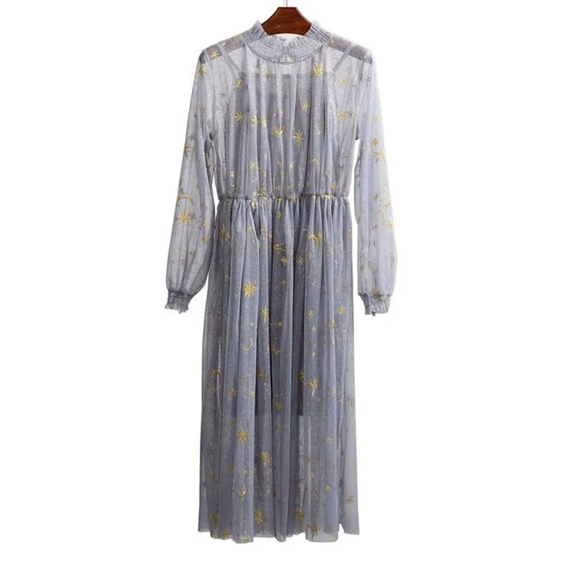 Star Moon Embroidery Women Beige Mesh Dress Short Sleeve Stand Collar  Floor-Length Trumpet Party Dress from Dhgate Basic & Casual Dresses - price  45.56