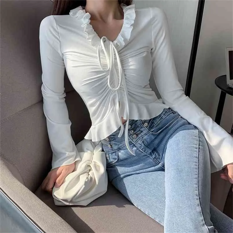 Ruffle Patchwork Up Long Sleeve Crop Top Women Ribbed Sexy Party Knitwear T-Shirt Hollow Out Bodycon Club Tie Front Tops 210507