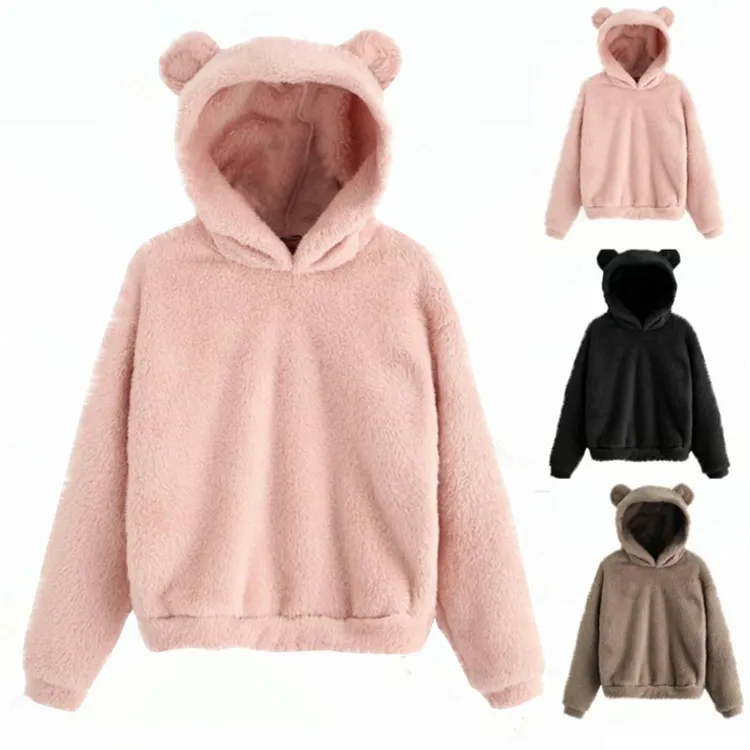 Hoodies Fluffy Women Kawaii Sweatshirt لطيف الدب قبعة أذن الخريف الشتاء دافئ شتاء الأكمام طويلة الأكمام الخارج