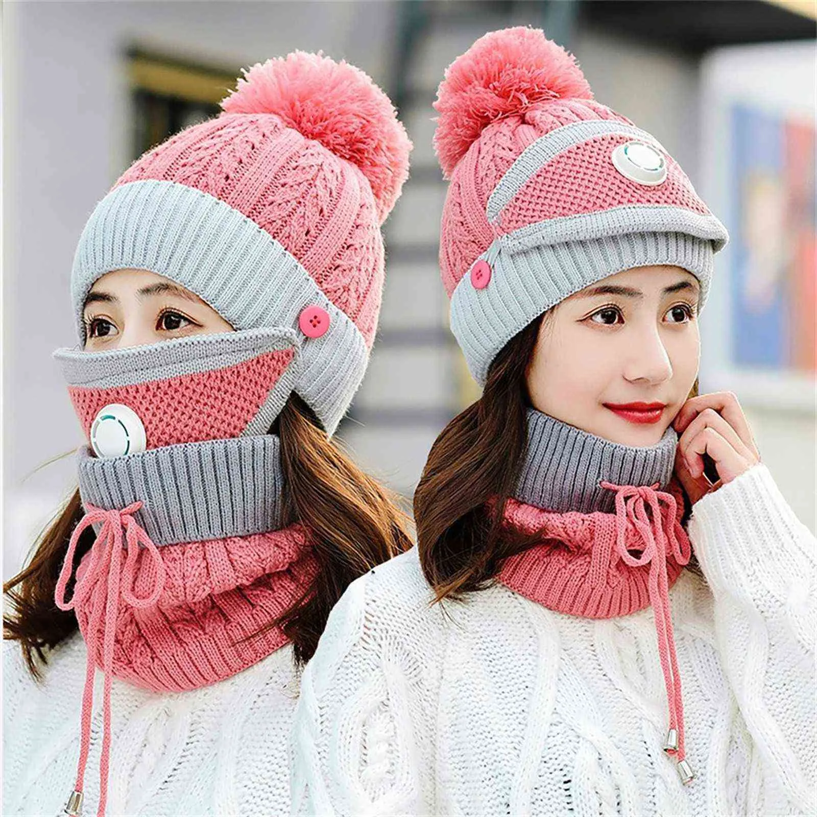 Set 3 Anti-fog Hats Women Winter Beanies Velvet Thick Bib Mask Skullies Beanie Hat Dustproof Hats Female Warm knitted Wool Cap Y21111