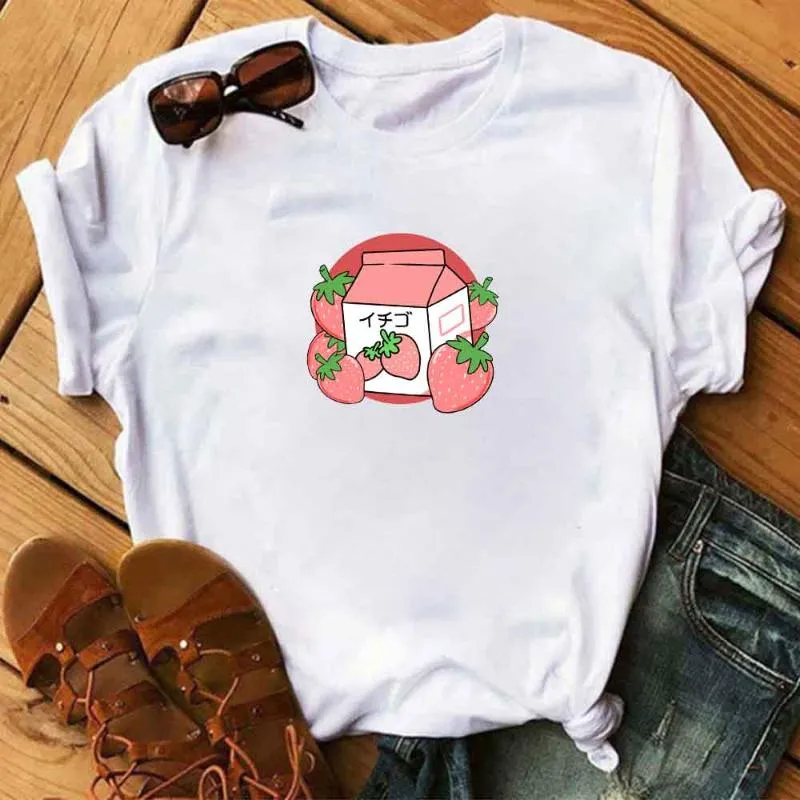 T-shirt da donna T-shirt da donna Stampa Abbigliamento Simpatico contenitore per bevande rosse alla fragola Top estivi a maniche corte Abiti di moda grafici