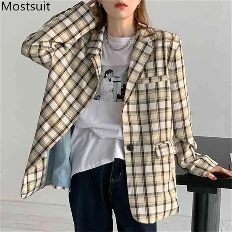 Koreanska Plaid Women Coat Jacket Full Sleeve One-Button Toppar Mode Loose Kvinna Femme 210513