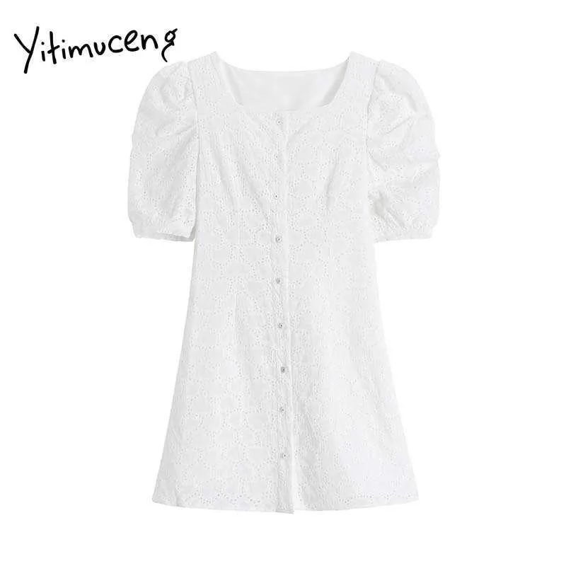 Yitimuceng White Dresses Women Summer Big Bow Backless High Waist Puff Sleeve Square Collar Sundress Fashion Dress 210601