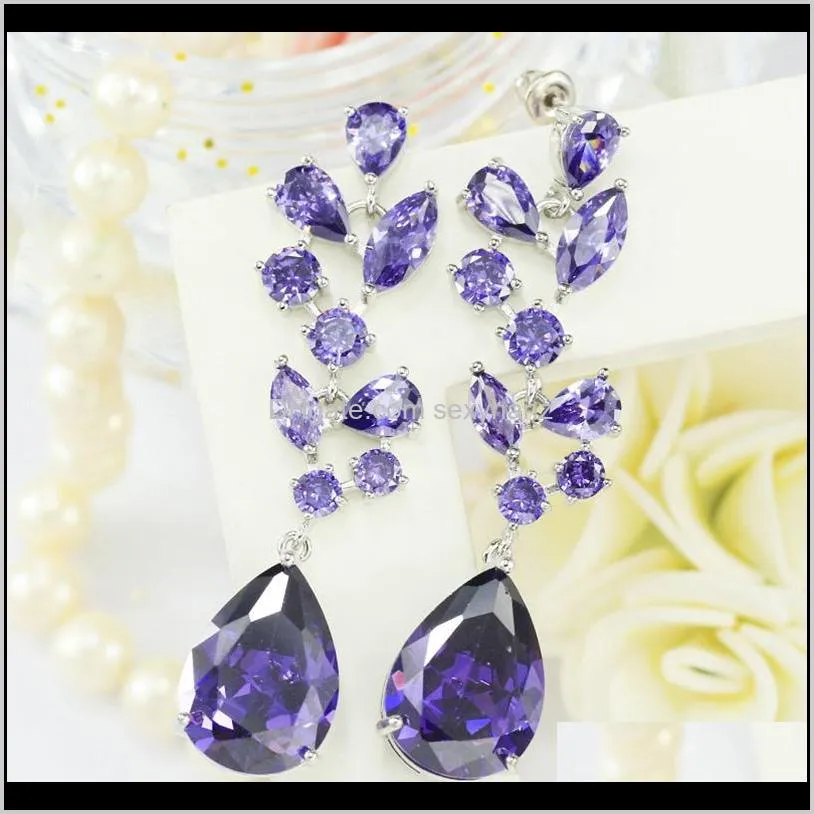 pera new arrival cubic zircon crystal round long big dangle tear drop flower leaf heart purple earrings wedding for women e405