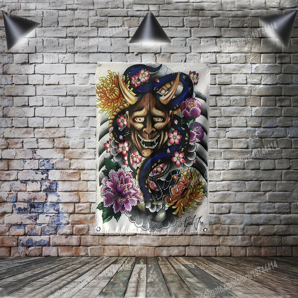 Flower Skull Japanese Tattoo Poster Flag Banner Home Decoration Hanging flag 4 Gromments in Corners 3*5FT 96* 144cm Painting Wall Art Print Posters