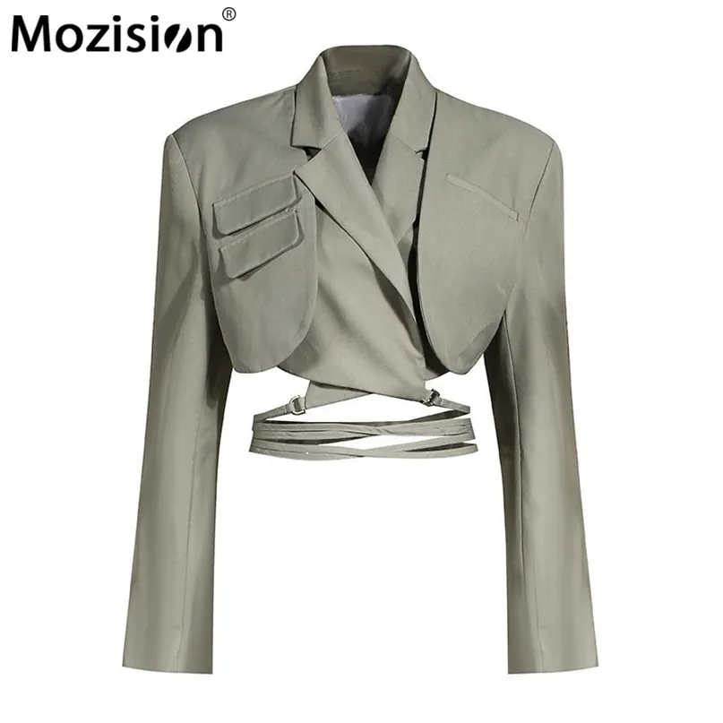 MOZISION Irregular Elegant Blazer For Women Notched Long Sleeves Lace Up Bowknot Blazers Female Spring Fashion Coat 211019