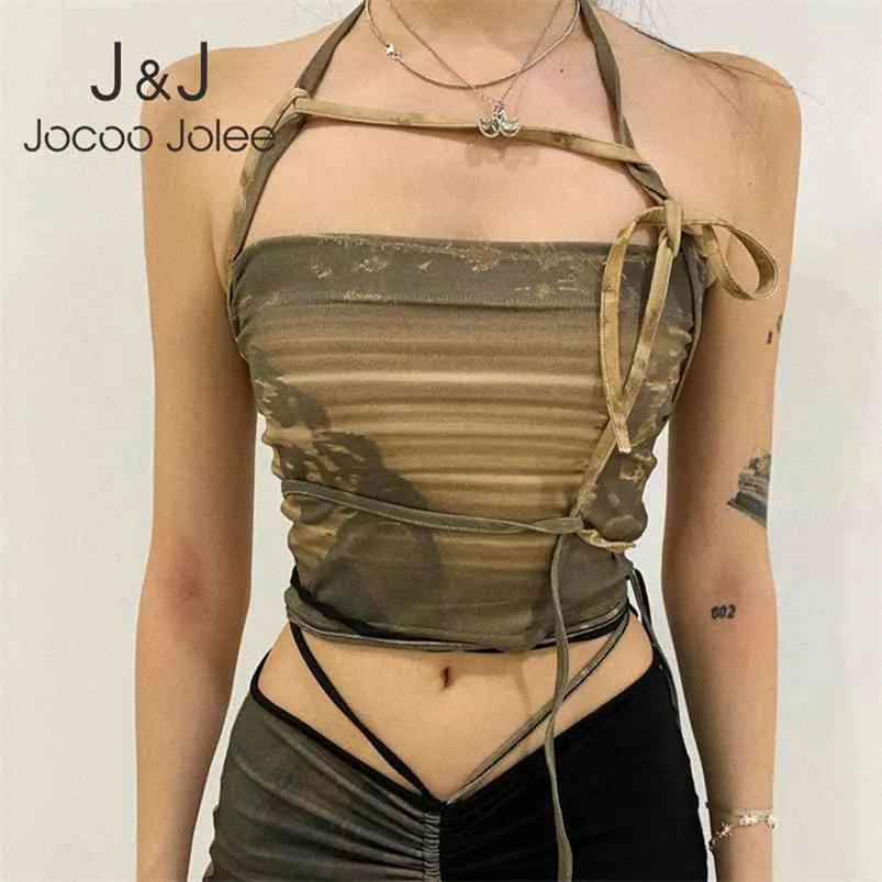 Jocoo Jolee VintageストレープノースリーブクロップドトップスY2Kカミの女性セクシーな包帯タンク夏のカジュアルレースアップバックレススリムタンク210518