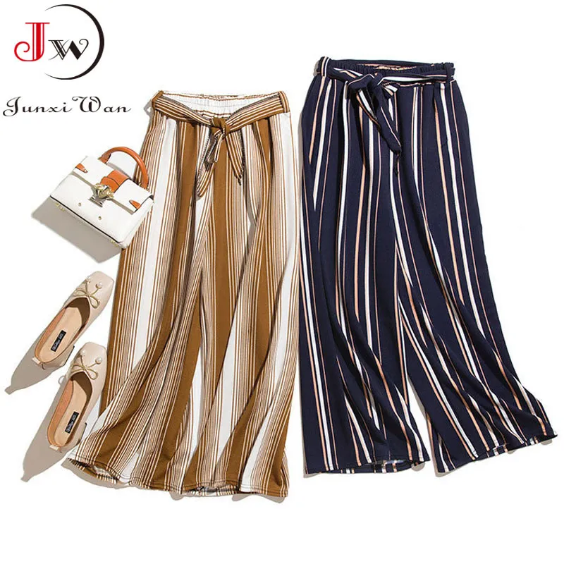 Femmes Summer Stripe Large Jambe Pantalon Printemps Coréen Élégant Chic Solide Taille Élastique Lâche Casual Longueur Cheville Pantalon Long 210510