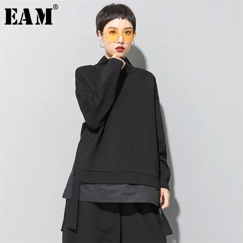 [EAM] Loose Fit asymétrique surdimensionné sweat-shirt col haut manches longues femmes grande taille mode printemps automne 19A-a124 210803