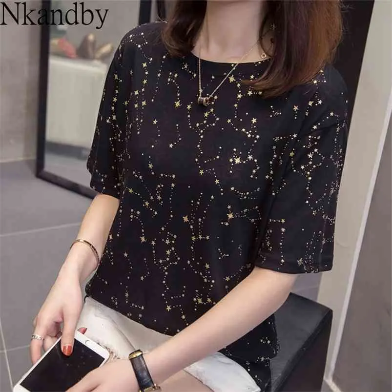 Plus Size Golden Star Top Lato Moda Luźny Krótki Rękaw T-shirt Oving Urzzang Graficzny Koreański Tshirt 210623