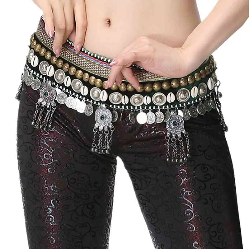 Tribal Belly Dance Kläder Waist Hip Scarf Justerbar Fit Antika Brons Pärlor Metallmynt Magisk Klistermärke Bälte