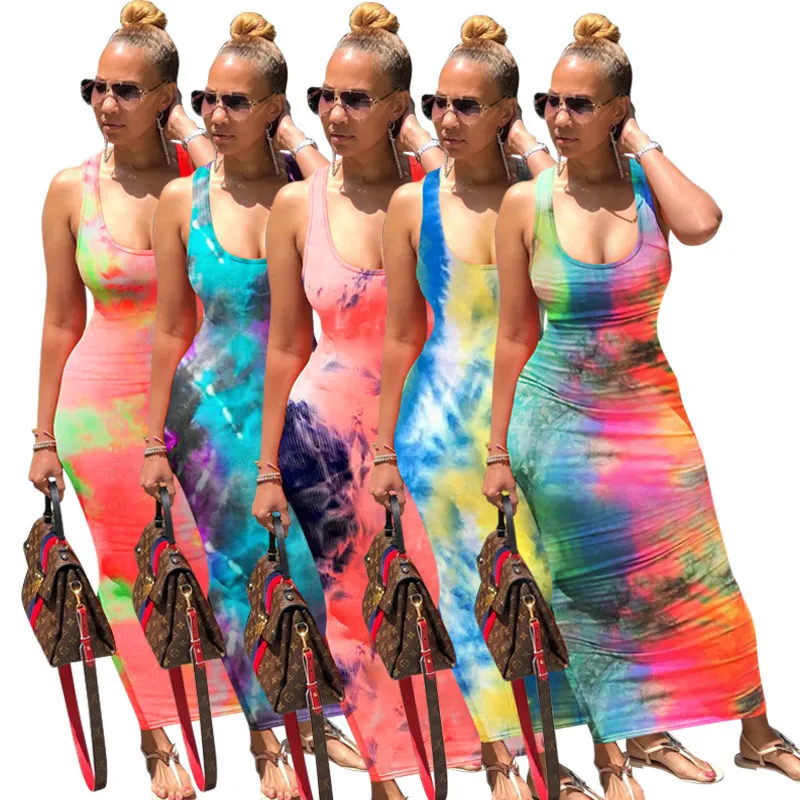 Kobiety Tie Dye Drukuj Sexy Długa Dress Backless Bandaż Maxi Suknie Bez Rękawów Vintge Vestidos Beach Party Club Outfis Sundress A155