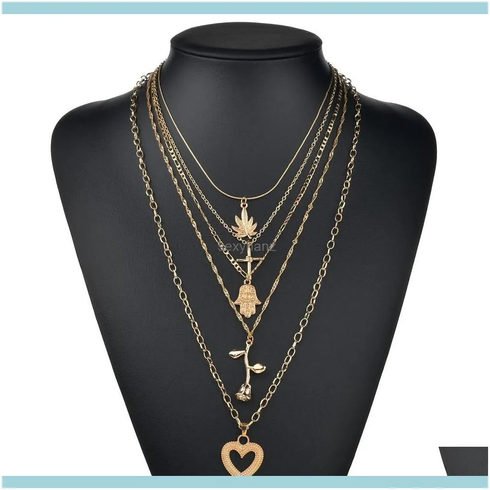 Bohemia Gold Rose Pendant Necklace for Women Multi-layer Heart Cross Leaf Hand Chain Choker Jewelry Collares