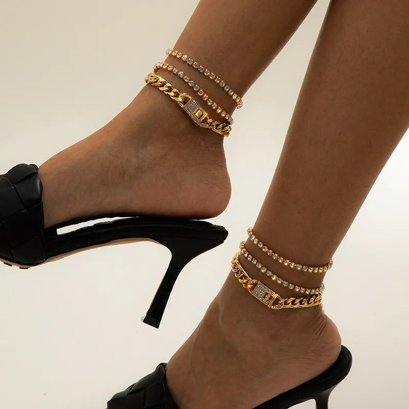 Kristall Iced Out Kubanische Kette Fußkettchen Armband Silber Gold Mehrschichtige Fuß Tennis Armbänder für Frauen Sommer Mode Schmuck wird und sandig
