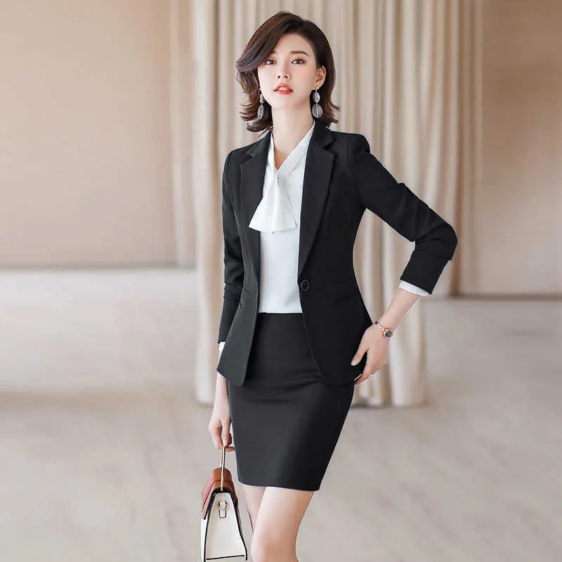 Women's Professional Skirt Suit Two-piece Overalls Autumn and Winter Slim Solid Color Ladies Jacket High Waist Female 210527