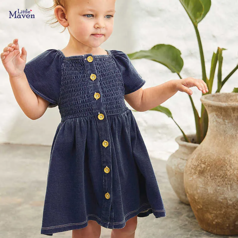 Children 2021 Summer New Baby Girl Clothes Navy Blue Vestiods Toddler Shirtdress Button Fashion Dresses for Kids 2-7 Years Q0716