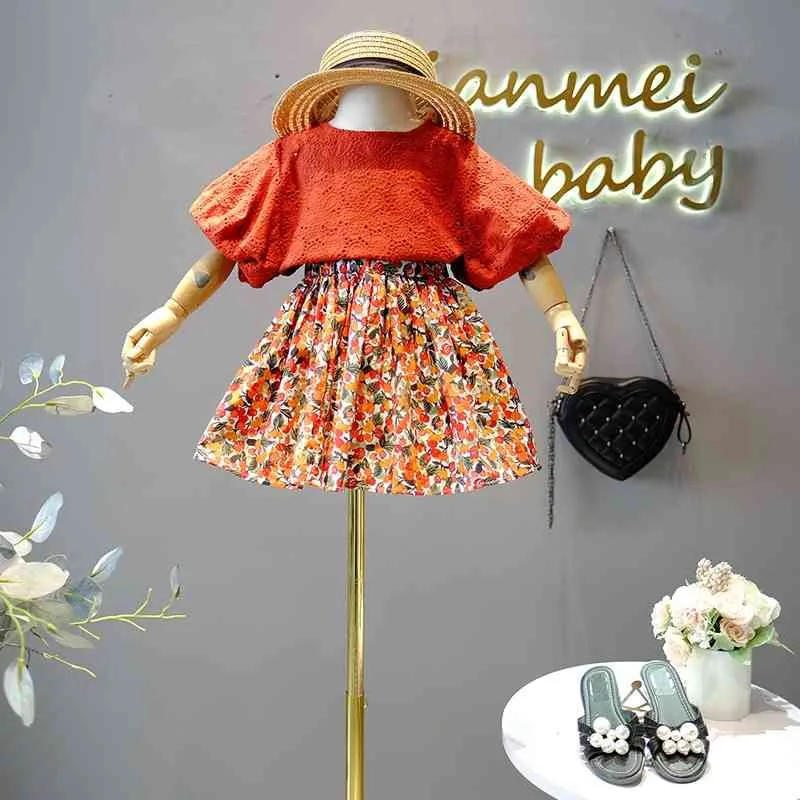 Sommerblume, geheiligte Spitze, Mädchenbluse für Kinder, 2-teiliges Kleidungsset, Kleinkind-Boutique-Blumenoutfit 210529