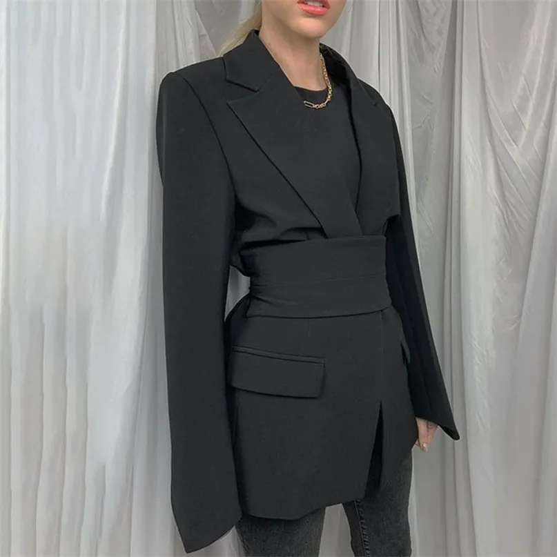 Blazer da donna con cintura larga Slim Blazer con risvolto manica lunga Office Lady Suit Cappotto Fashion Autumn High Street Cardigan con lacci Blazer 211019