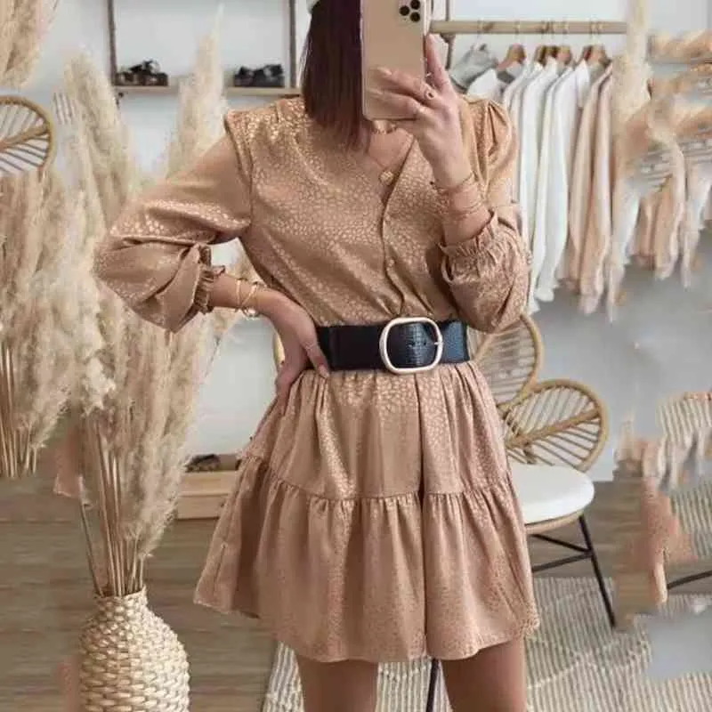 leopard print gold dress women autumn winter ladies elegant dress button casual long sleeve vintage dress vestidos 210415