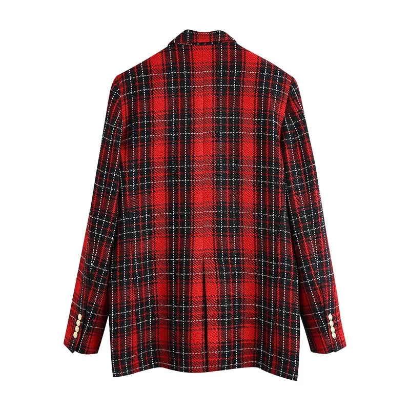 Womens Double Breasted Check Twill Blazer Coat Long Sleeve