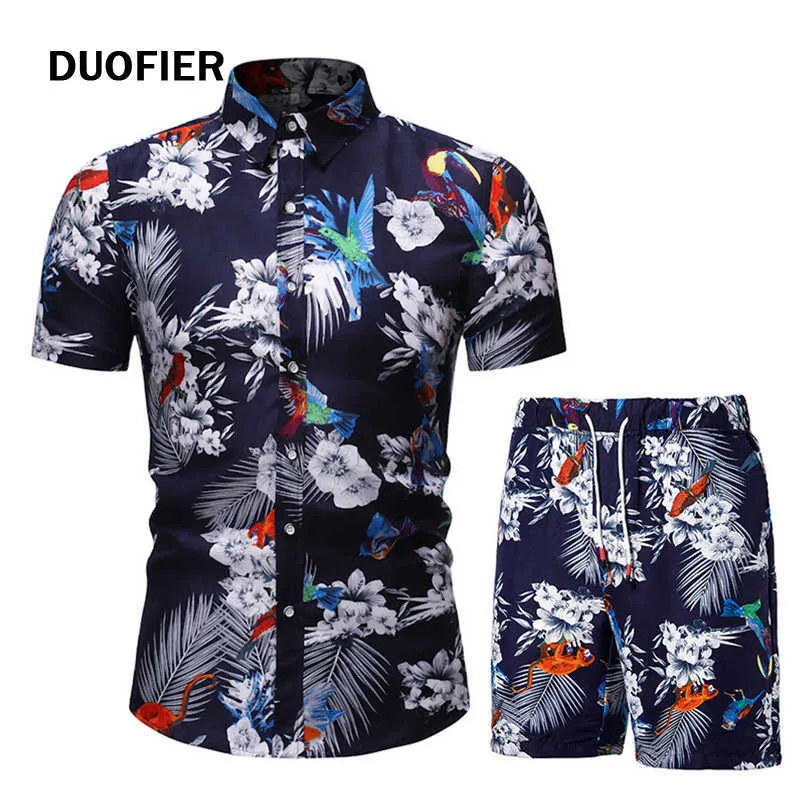 Mannen Kleding Set Zomer Mens Punk Rock Party Suit Mens Club Beach Track Suits Boardshorts + Casual Print Shirts 2 stuks Sets 210603