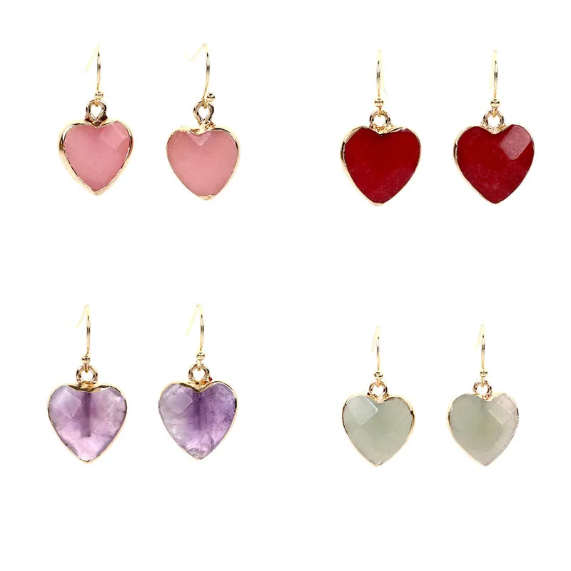 Natural Energy Stone Gold Plated Heart Shape Pendant Earring Dangle For Women Girl Party Club Wedding Love Jewelry