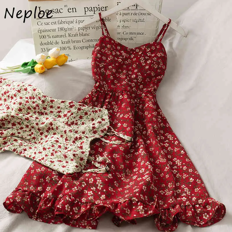 NEPLOE Sexy Kobiety Boho Summer Dress Floral Print Spaghetti Pasek Mini Sukienki Chic Ladies High Waist Short Ruffle Beach Vestidos 210423