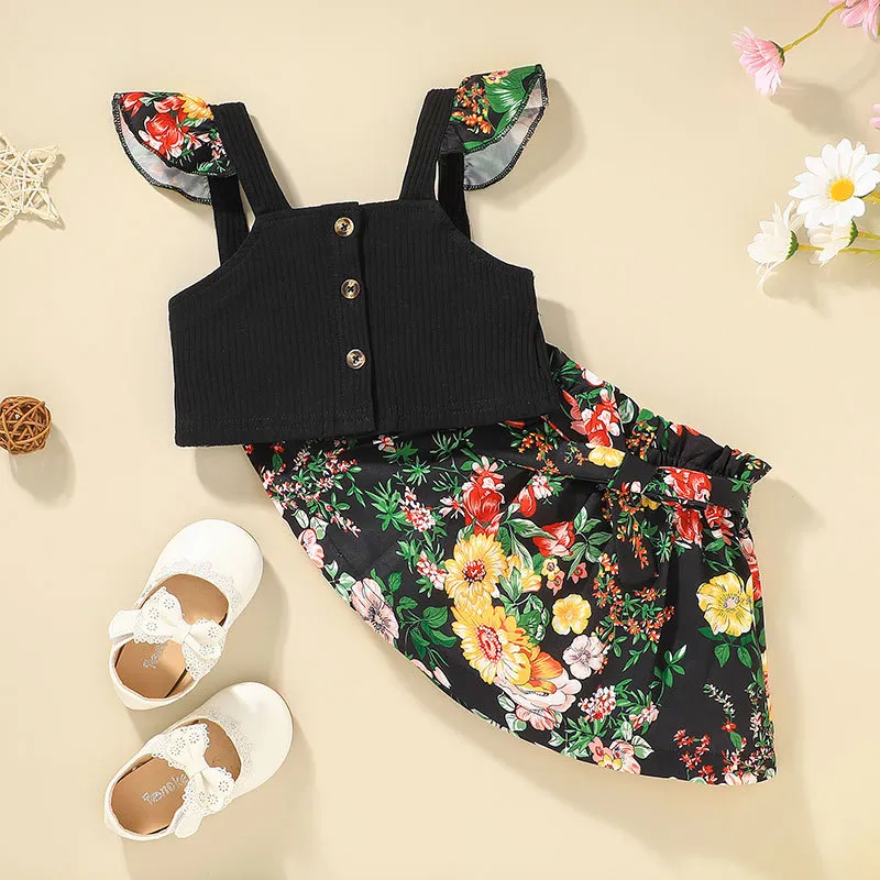 Girls Braces Tops+Flower Skirts Set Outfits Summer 2021 Kids Boutique Clothing 1-5 Children Sleeveless Ruffle Top Fashion