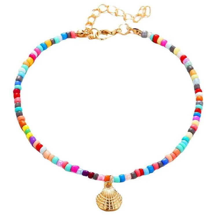 Färg Beaded Anklet Retro Alloy Scallop Pendant Foot Chain Beach Footwear för Kvinnor Flickor Gåva Partihandel