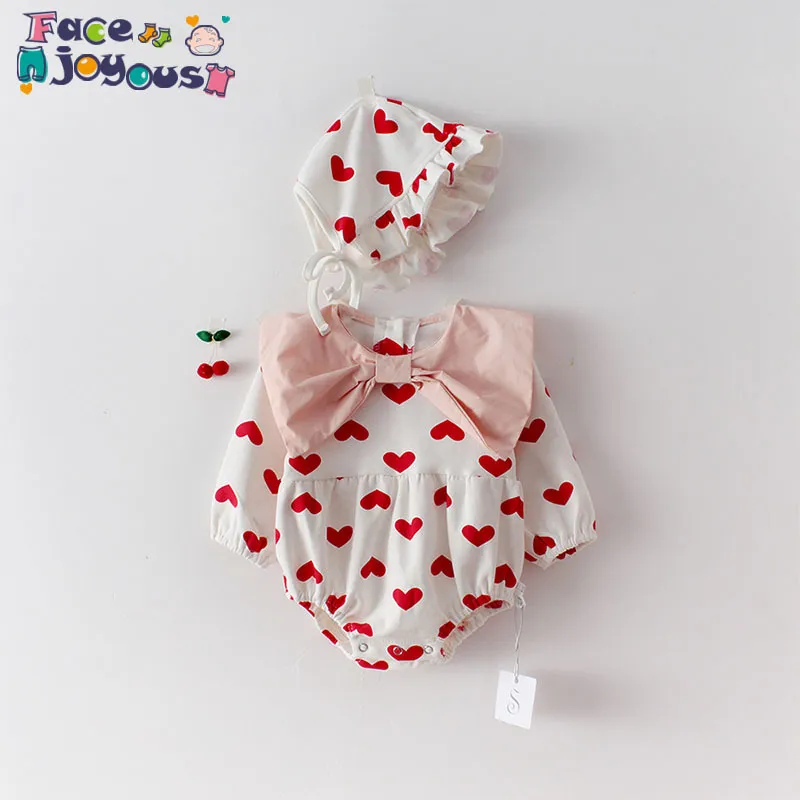 Neonate Neonate Body Papillon Cuore Stampa Abiti a maniche lunghe Toddler Neonate Tuta Costumi Tutina + Cappelli 210413