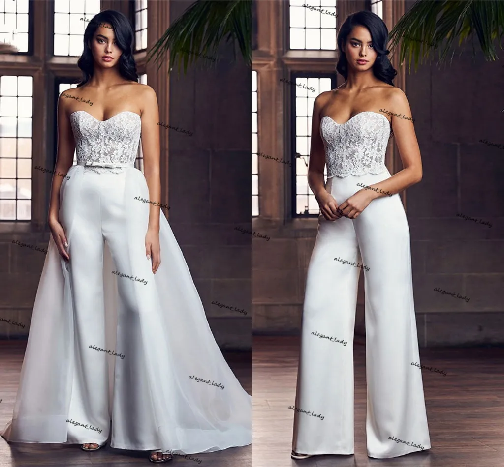 Sweetheart Koronki Plamy Wedding Kombinezon z Usuń pociągiem 2021 Vestido De Noiva Backless Beach Garden S Gown Pant Suit