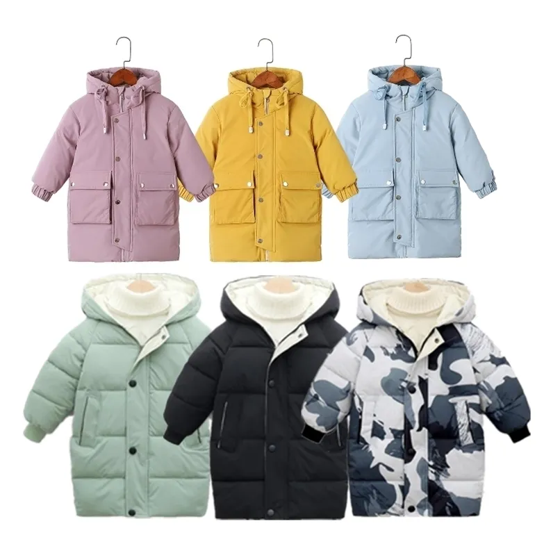 Sıcak Mont Kış Giysileri Uzun Aşağı Ceket Çocuklar Kore Kalın Kapüşonlu Ceket Bebek Erkek Kız Snowsuit Kış Ceket Çocuk Parka 211023
