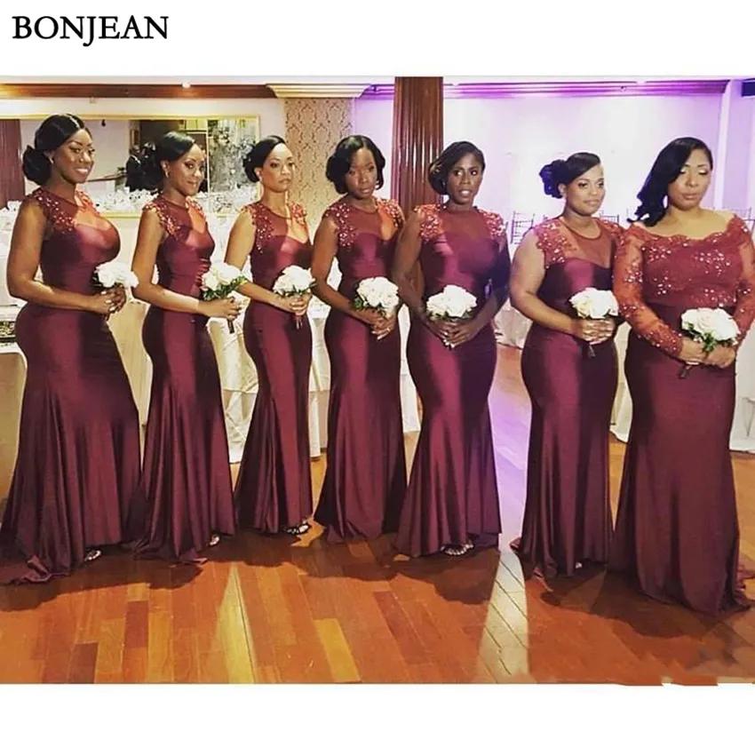 Новые дешевые Burgundy Bridesmaid платья длинные свадьбы кружевные аппликации из бисера русалка плюс размер формальная горничная честь платья