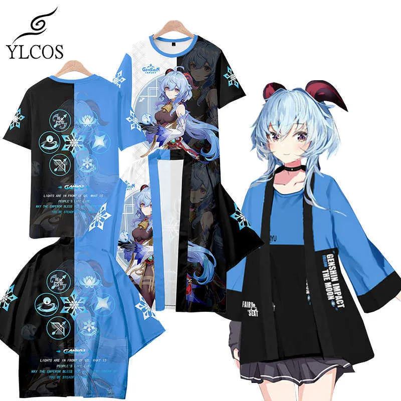 Game Genshin Impact Kimono Chiffon Coat Costume Ganyu T-Shirt Cosplay Cloak för unisex mode kostym Y0903