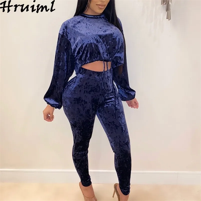 Elegant två stycken Set Kvinnor Höst Långärmad O Neck Strappy Crop Top och High Waist Pants Fashion Streetwear Solid 210513